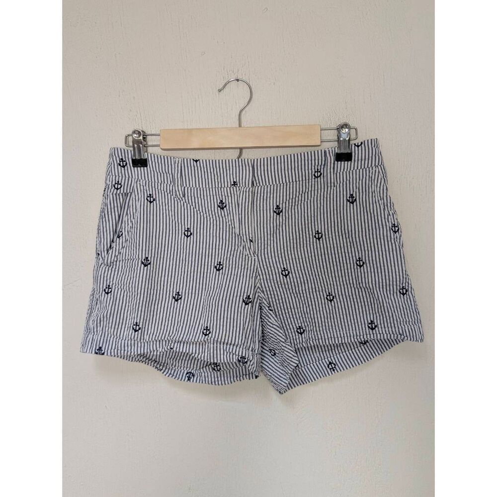 British Khaki Womens Striped Nautical Anchor Seersucker Chino Shorts Blue Size 6